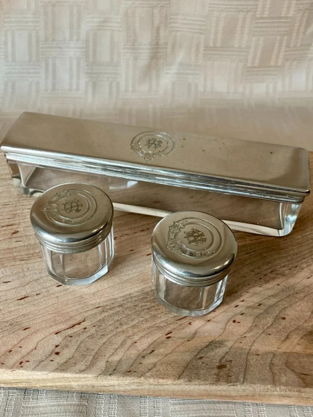 Vintage Silverplate Vanity Set w/ Scottish Buckle Crest and Monogram
